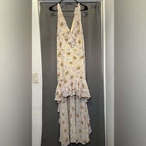 Belle Badgley Mischka Floral Cottagecore Ruffle High-Low Boho Maxi Dress Sz 12